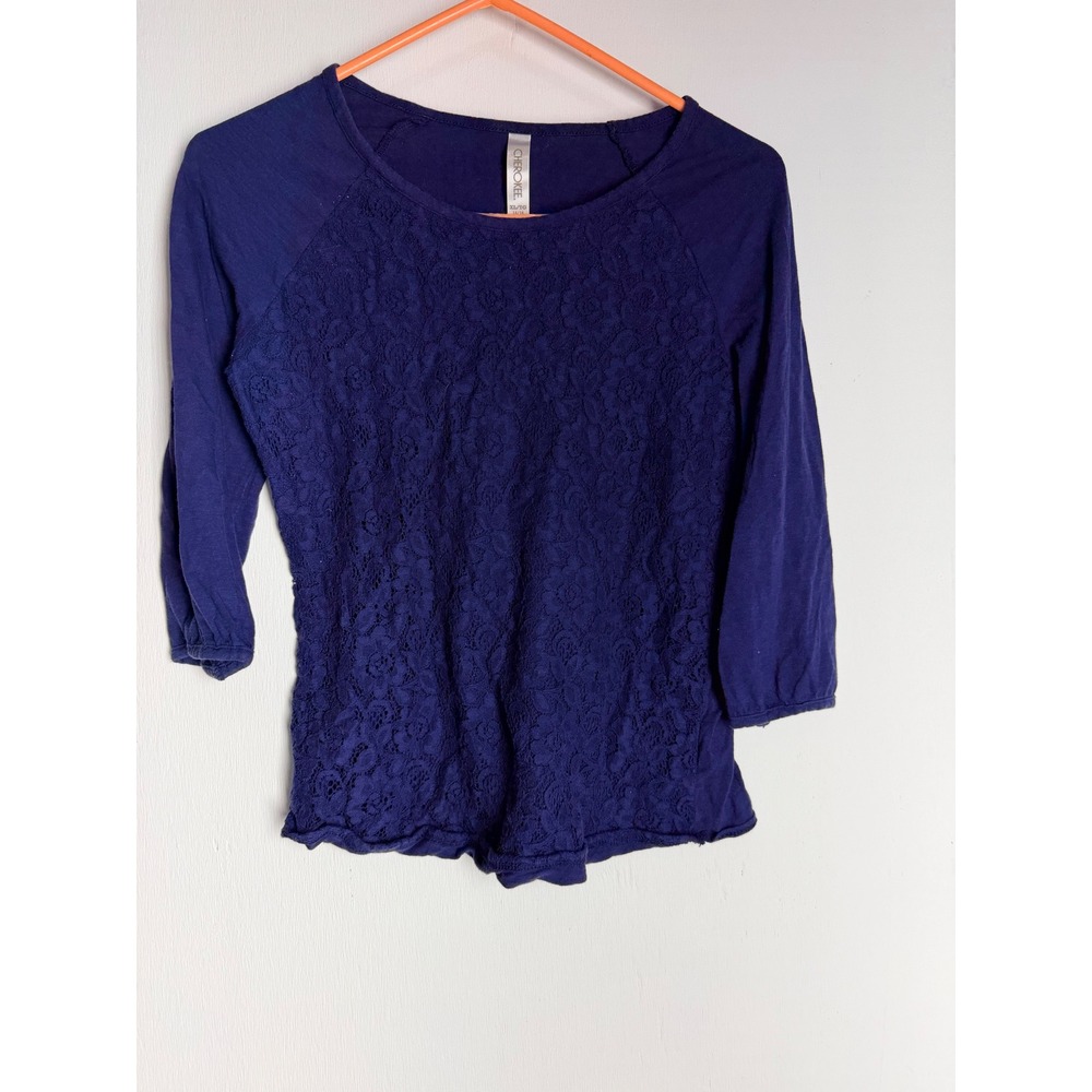 Cherokee Womens XL 14/16 Navy Blue Lace Front 3/4 Sleeve Raglan Top
